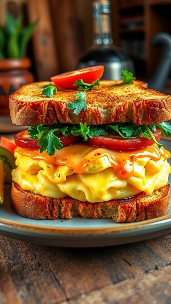 A classic egg sandwich with scrambled eggs and cheese on toasted bread, garnished with greens and tomato.